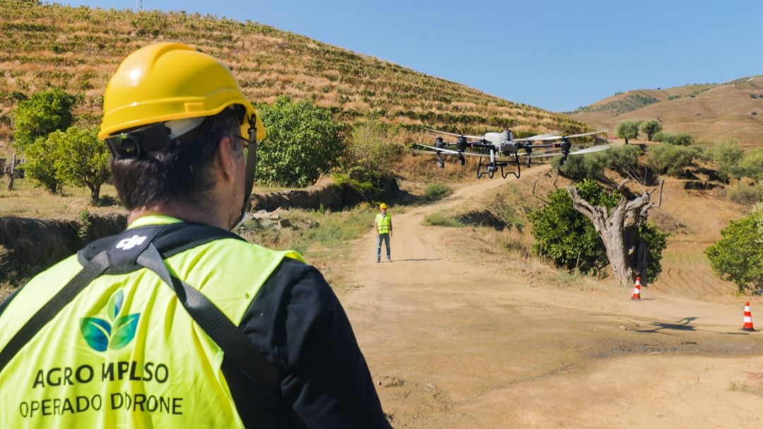 operadores de drone da empresa agro impulso a trabalhar numa vinha no douro